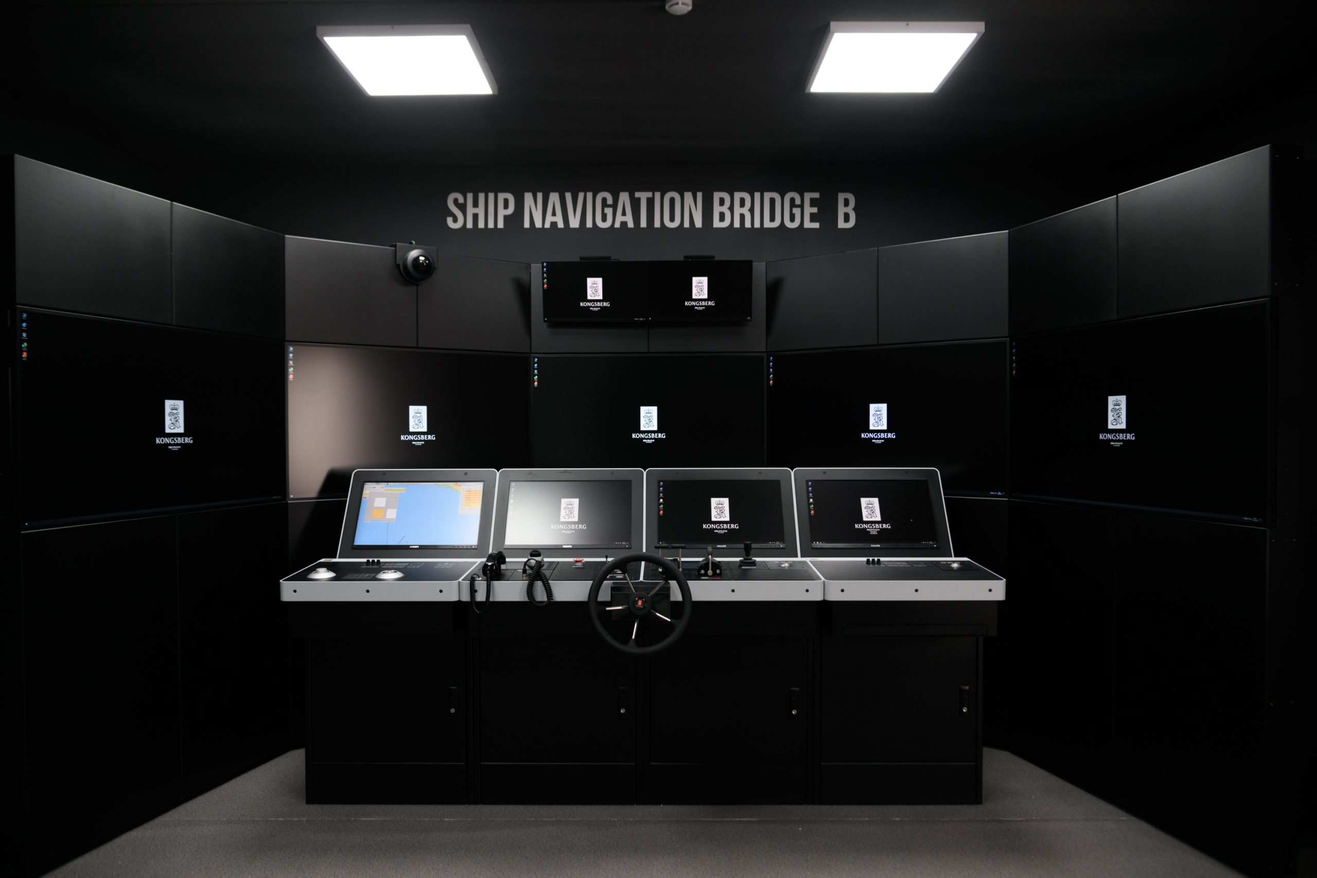 Second navigation bridge simulator with helm and monitors